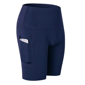 Women's Shorts Yoga Workout Running Compression Exercise Shorts Side Pockets - Navy - S